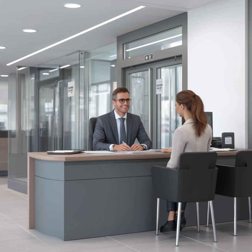 Male bank employee helping female business owner with SBA loan application